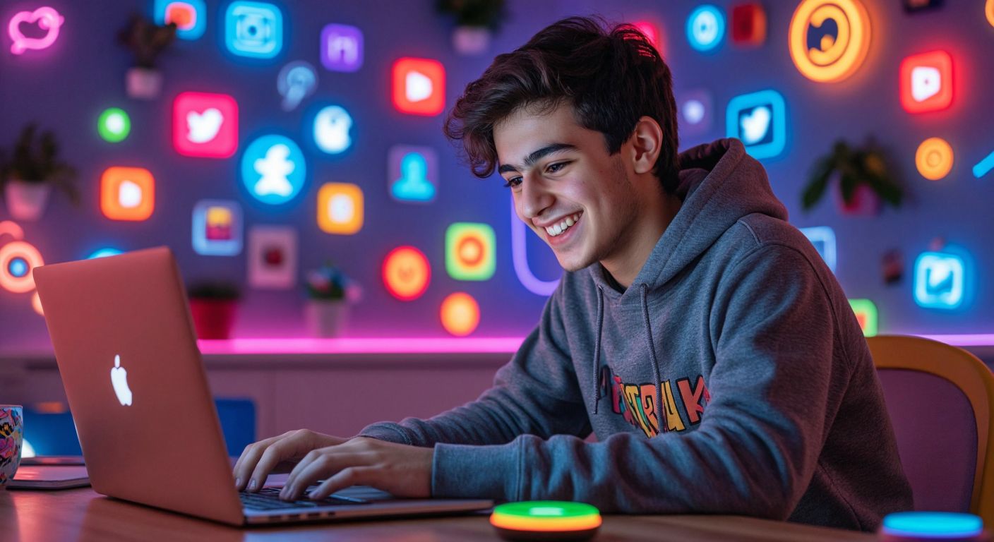 A young Turkish person smiling while typing on a laptop, surrounded by colorful, stylized letters floating in the air, with a playful background of social media and gaming icons subtly blended into the scene.