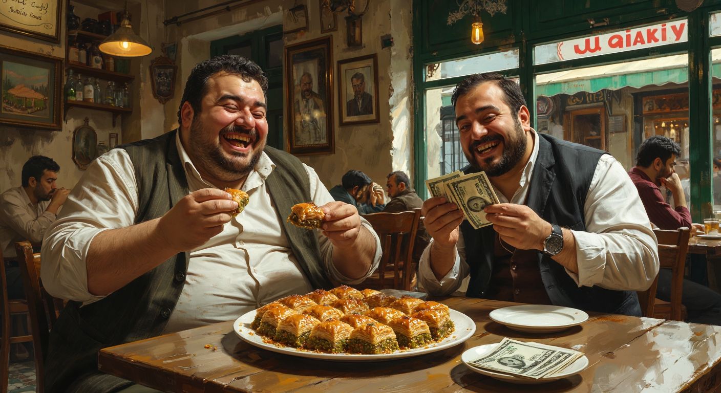 A plump man in a Turkish café happily eating a large plate of baklava while another person watches with a sly grin, holding a stack of money.