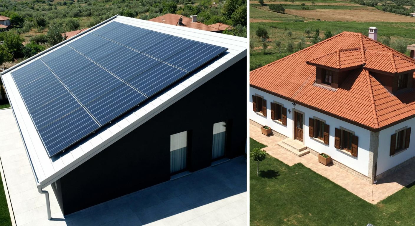 A split-image of two Turkish houses: one with a sleek, modern flat roof featuring solar panels and rainwater collectors, and the other with a steep, traditional red-tiled roof, both set against a sunny Anatolian landscape.