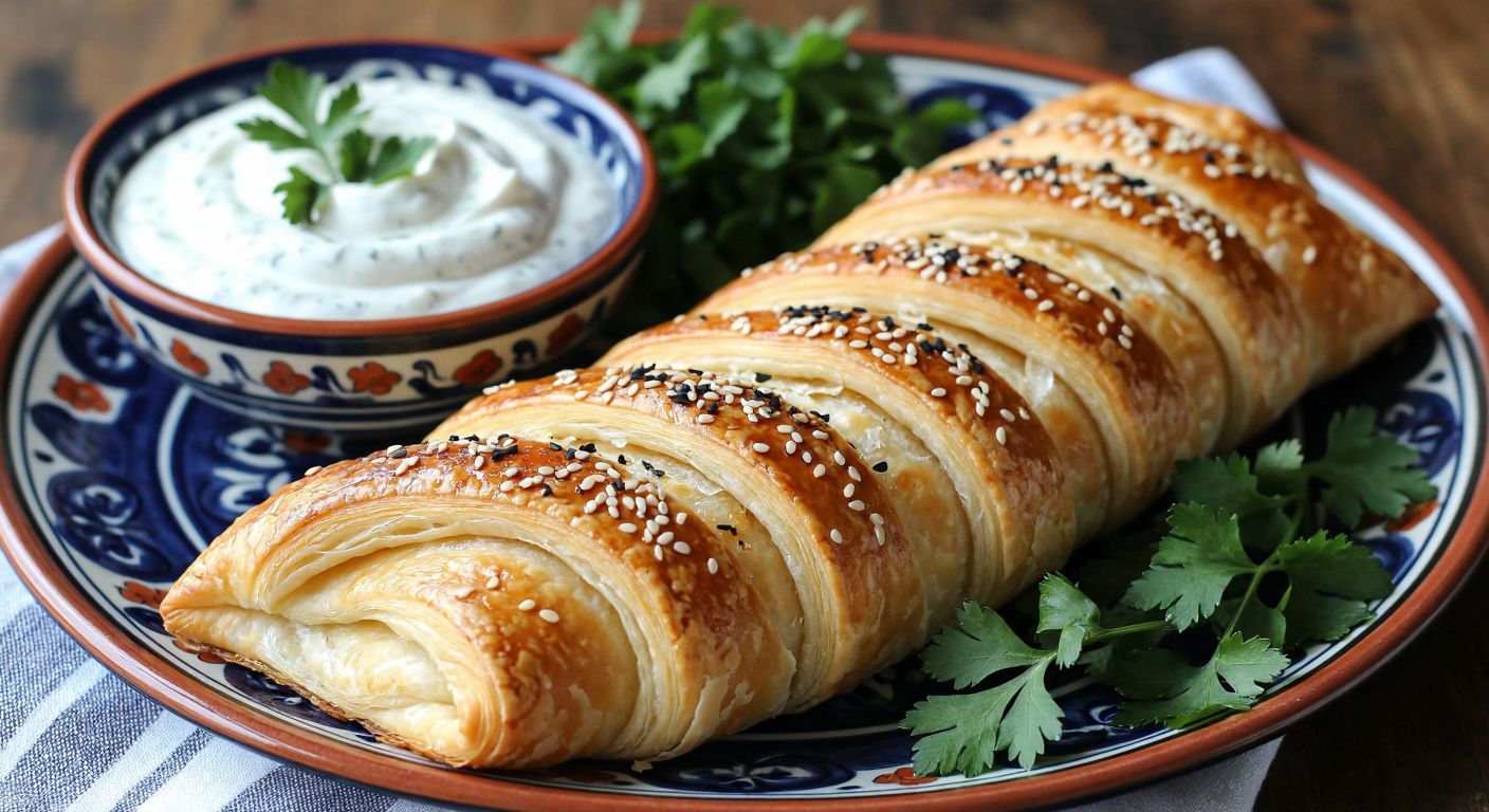 A golden-brown Turkish börek made with twisted fusilli pasta, sprinkled with sesame seeds, resting on a traditional ceramic plate beside a bowl of creamy yogurt and fresh parsley.