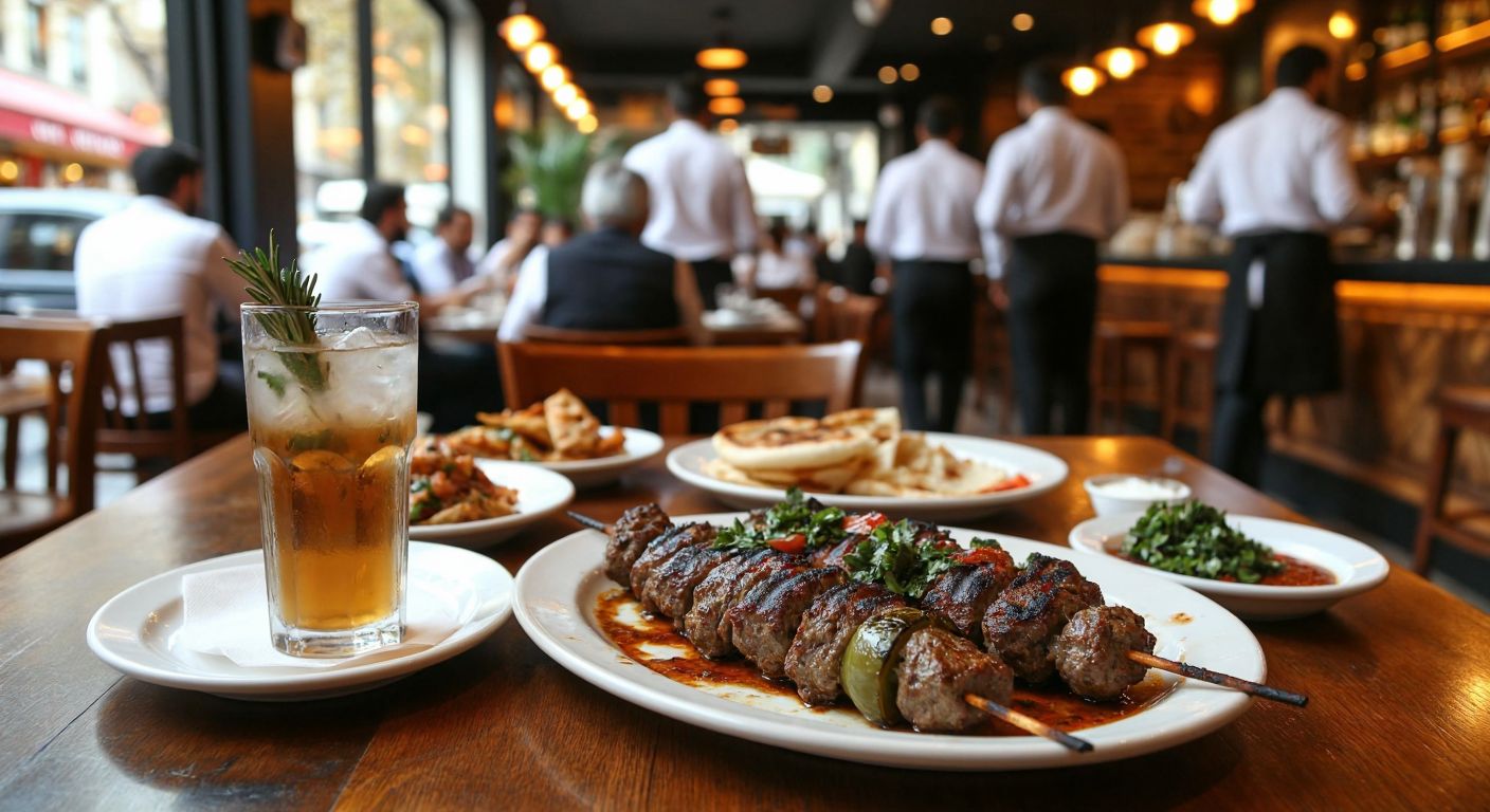 A bustling restaurant in Nişantaşı with a sizzling Develi kebab on a plate, a frosted glass of rakı beside it, and waiters in crisp white shirts carrying trays of drinks through a warmly lit dining room filled with lively Turkish patrons.