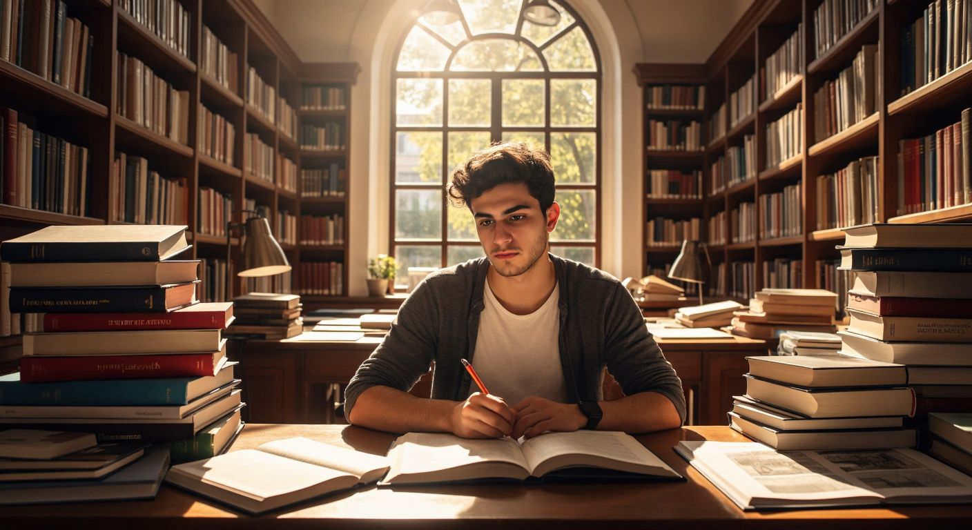 A determined Turkish student sits at a wooden desk in a sunlit university library, surrounded by towering stacks of economics textbooks, with a focused expression while highlighting notes in a notebook.