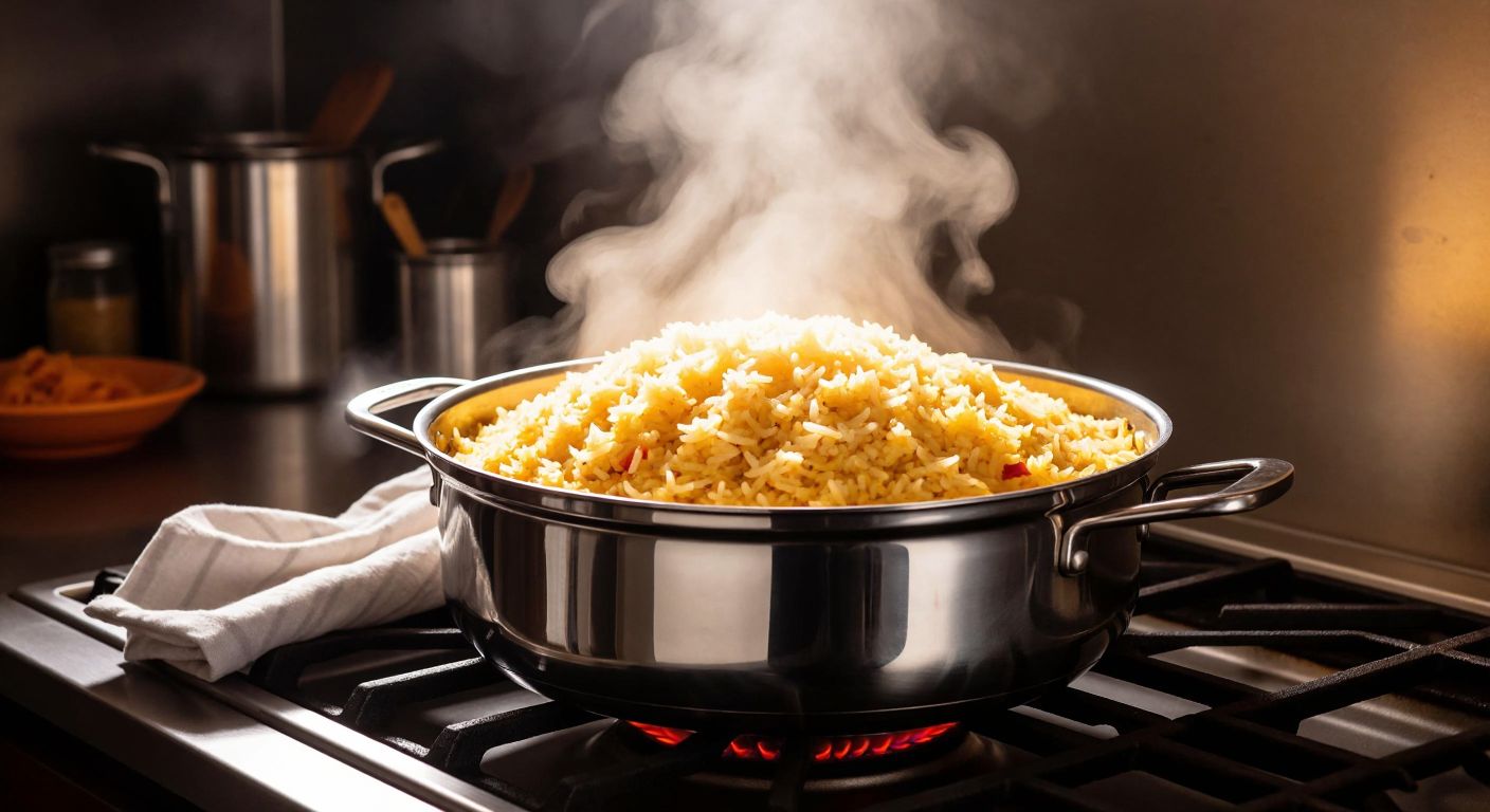 A steaming pot of golden, fluffy rice pilaf resting on a stovetop, covered with a clean cloth under its lid, surrounded by warm kitchen light and the faint aroma of butter and spices.