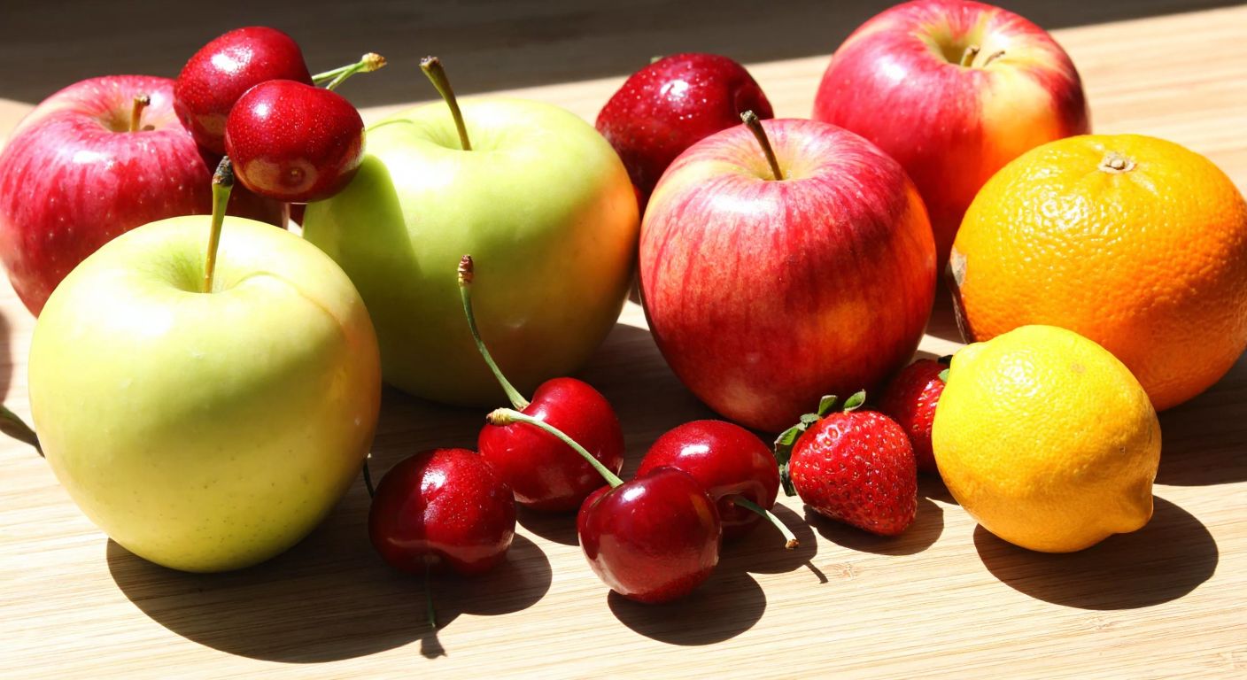 A vibrant still life of fresh apples, cherries, lemons, oranges, and strawberries arranged on a wooden table, their glossy skins reflecting sunlight.