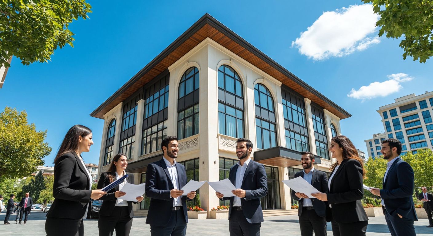 A modern Turkish bank building with a traditional Ottoman-style facade, surrounded by people in business attire smiling and exchanging documents, under a bright blue sky.