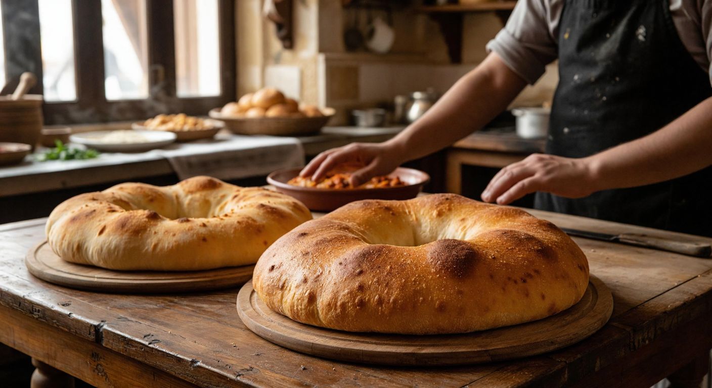 A warm, golden-brown tandoori bread resting on a wooden table next to a pale white loaf, with a traditional Turkish kitchen setting in the background and a pair of hands hesitating between the two.