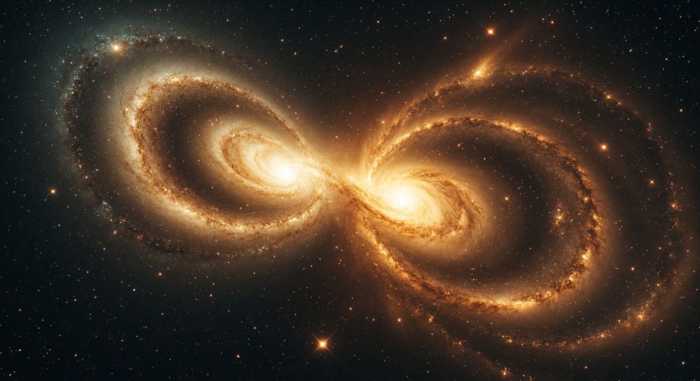 A vast, swirling collision of two spiral galaxies—one resembling the Milky Way and the other Andromeda—illuminated by fiery bursts of stars against the deep black of space, evoking both destruction and cosmic rebirth.