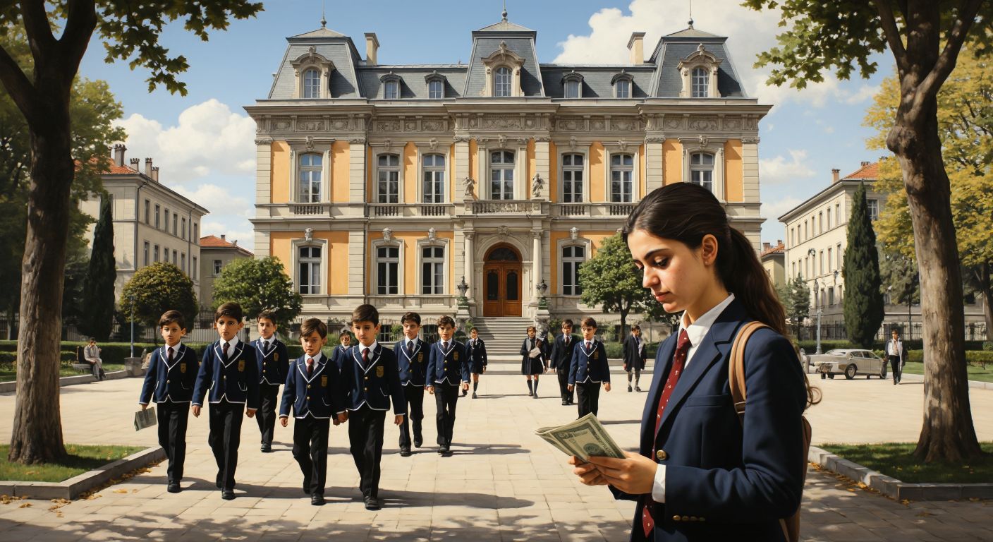 A grand, historic French-style school building in Istanbul with neatly dressed students in uniforms walking past, while a concerned Turkish parent examines a stack of bills with a thoughtful expression.