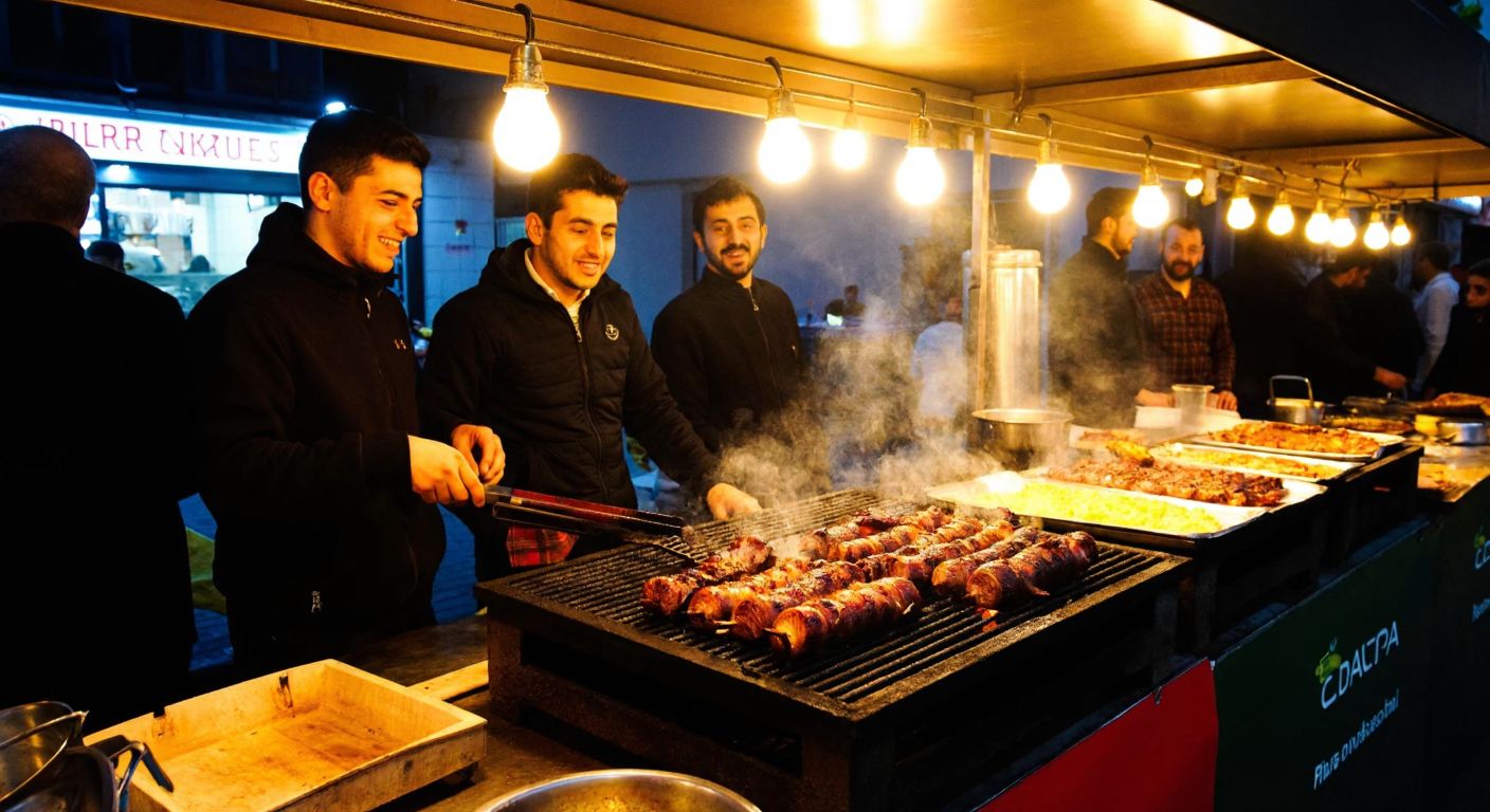A bustling street food stall in Marmara, Turkey, with sizzling kokoreç on a grill, surrounded by eager customers smiling and chatting under warm golden lights.
