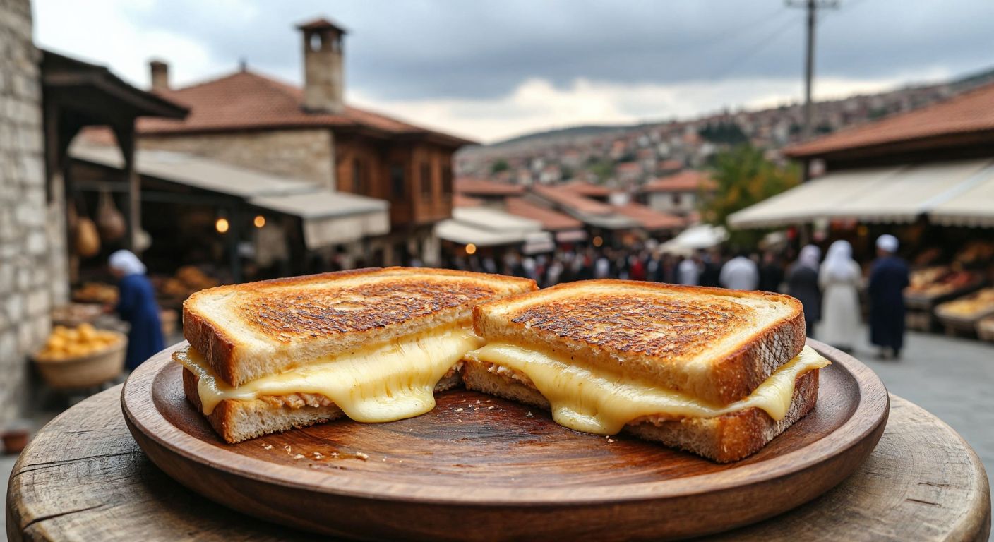 A golden-brown toasted sandwich oozing melted cheese, served on a rustic wooden plate with a backdrop of traditional Turkish stone houses and a bustling local market in Kula, Manisa.