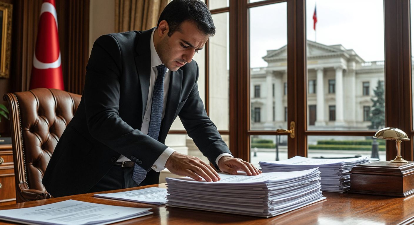 A determined Turkish businessperson in formal attire carefully organizing a stack of official documents on a wooden desk, with a government building visible through the window behind them.