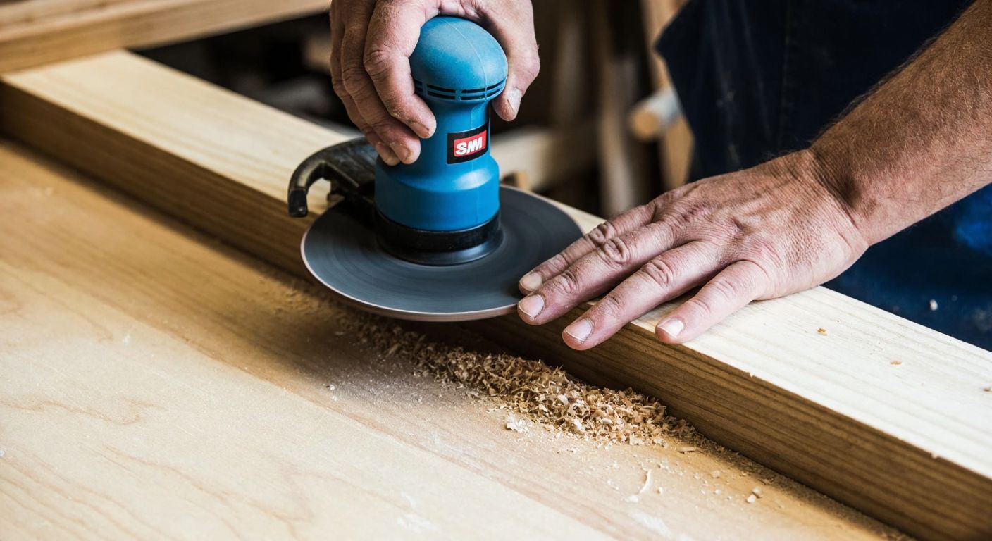 A close-up of a craftsman’s rough hands smoothing a wooden panel with a 3M Trizact sanding disc, surrounded by wood shavings and a well-worn workbench in a Turkish carpentry workshop.