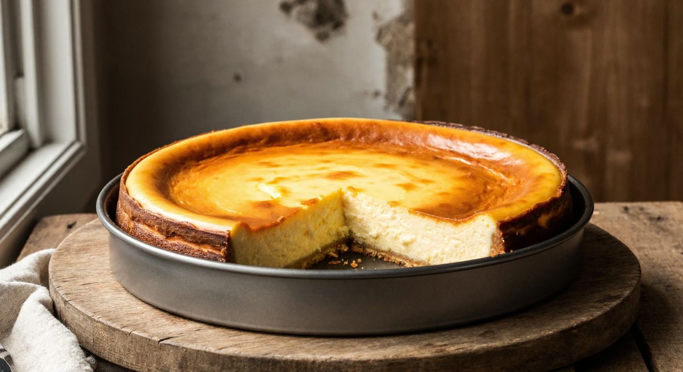 A golden, creamy San Sebastian cheesecake with a slightly burnt top, resting in a smooth, round springform pan on a rustic wooden table in a sunlit Turkish kitchen.