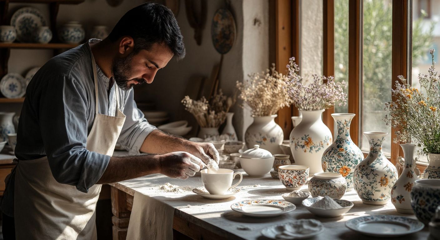 A skilled artisan in a sunlit Turkish workshop carefully shapes delicate porcelain powder into an elegant white tea cup, surrounded by other finished pieces like plates and decorative vases.