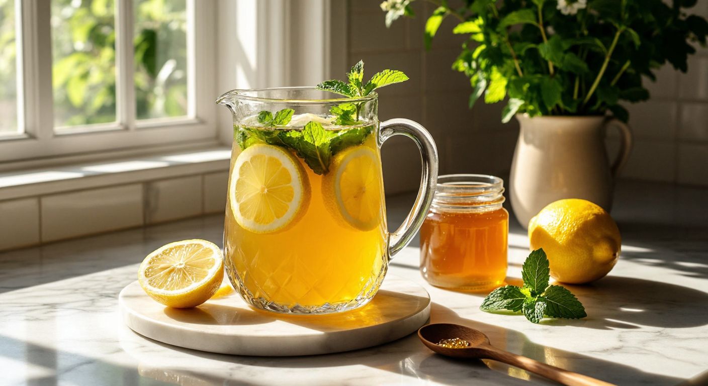 A sunlit Turkish kitchen with a glass pitcher of golden honey sherbet, fresh mint leaves, and lemon slices floating atop, resting on a marble counter beside a wooden spoon and a jar of amber honey.