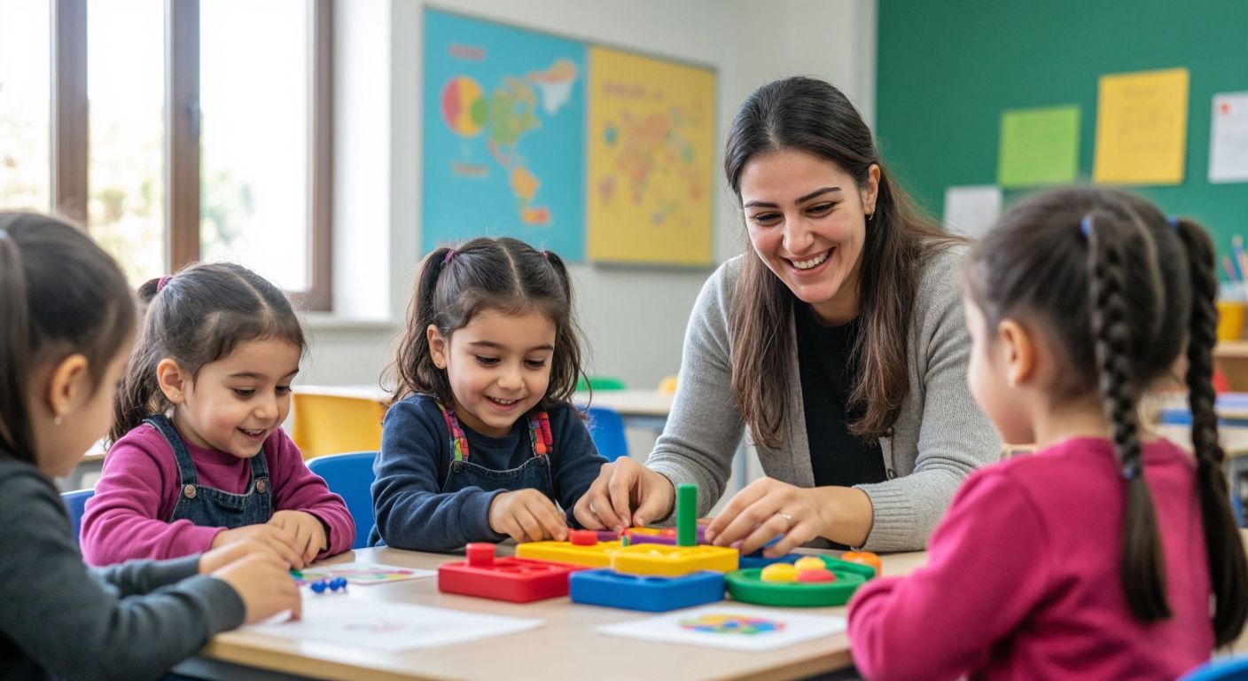 A warm Turkish classroom with a smiling teacher gently guiding a diverse group of children, including one with a hearing aid, through a hands-on learning activity with colorful educational tools.