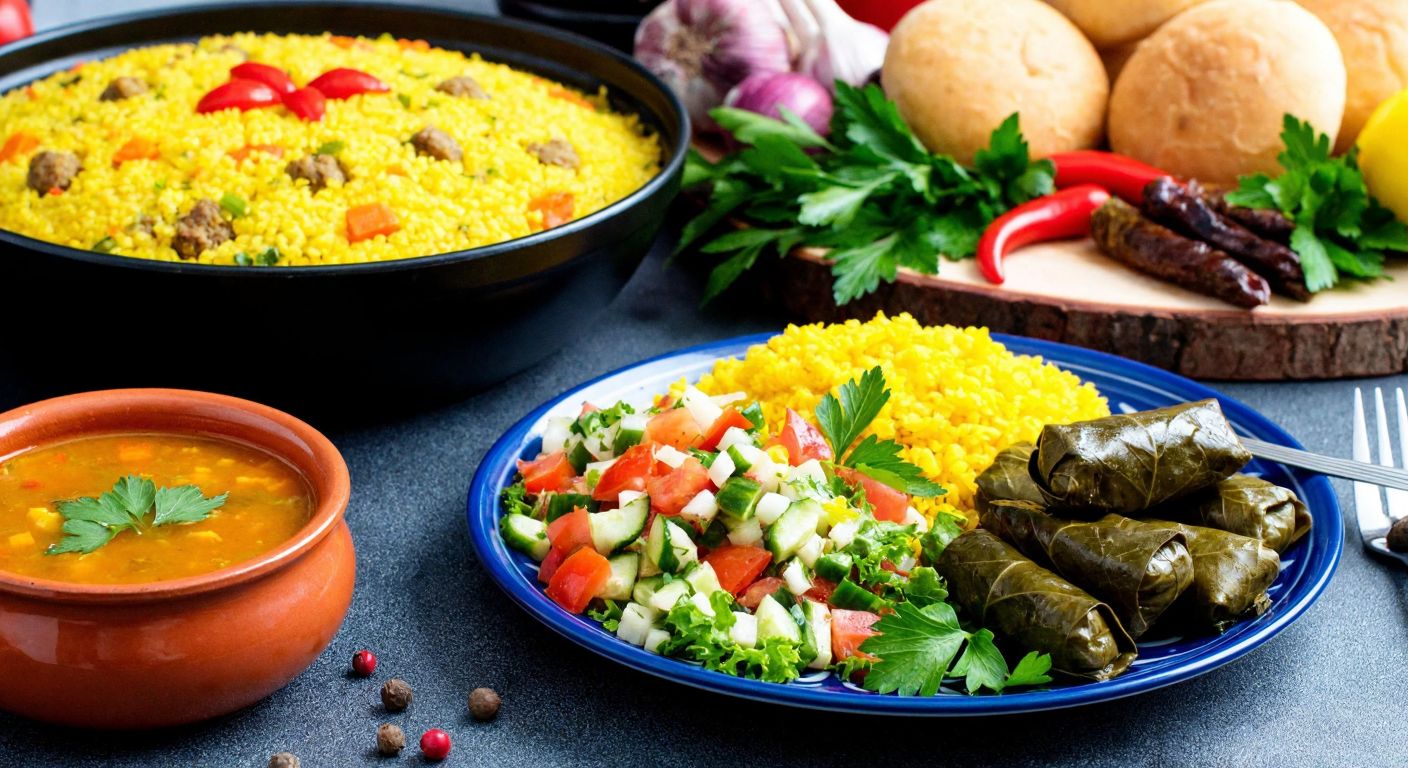 A vibrant Turkish kitchen counter displays a colorful spread of dishes made from corn bulgur: a fresh salad with diced vegetables, a steaming golden pilaf, savory köfte on a plate, a rich soup in a ceramic bowl, and stuffed dolma leaves, all surrounded by fresh herbs and spices.