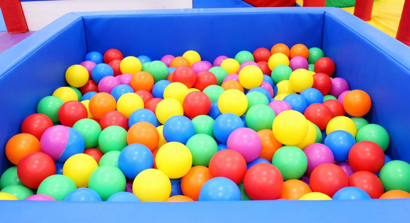 A vibrant children's ball pool filled with colorful plastic balls, surrounded by thick gray foam panels (32 DS gri sünger) with a smooth PVC-coated fabric surface, set in a bright indoor play area in Turkey.