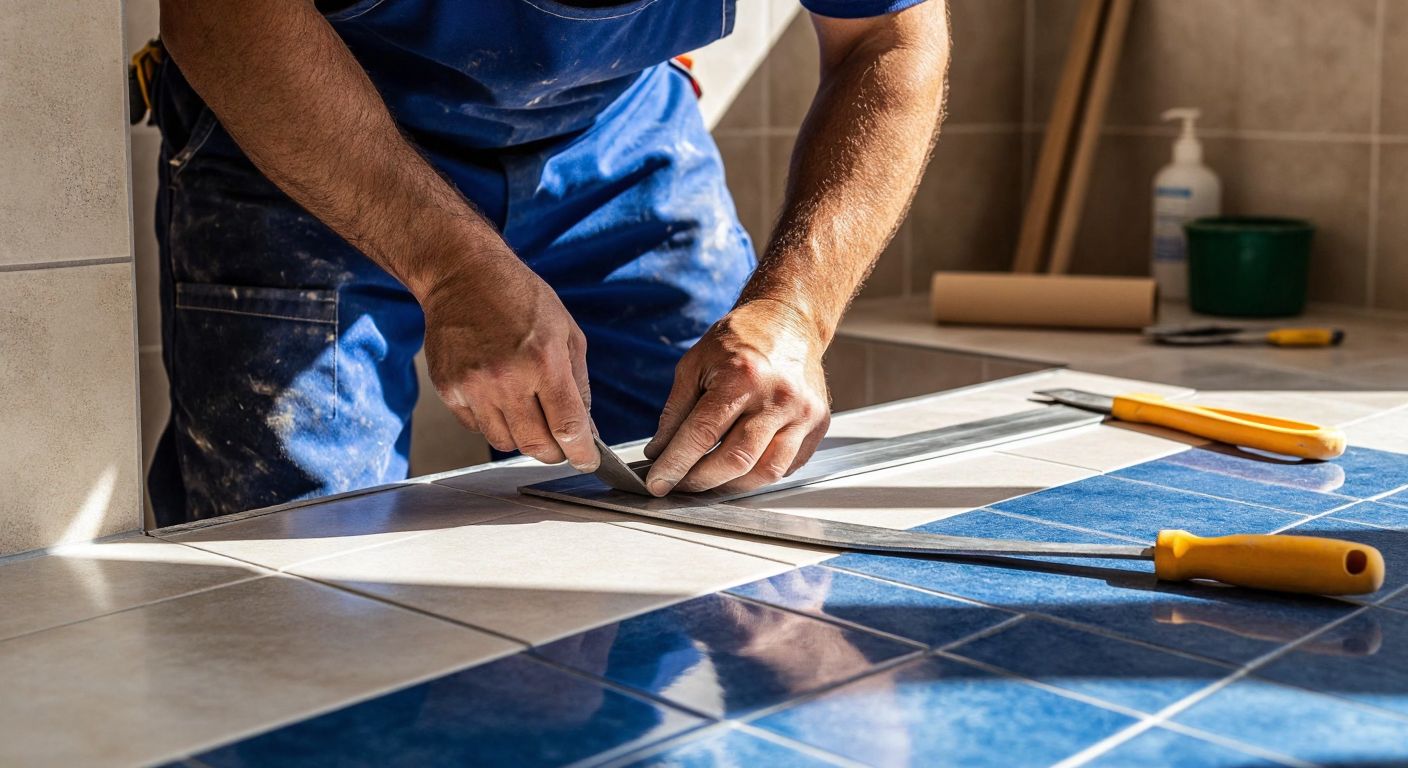 A Turkish craftsman in a blue work apron carefully aligns a shiny metal corner trim (köşebent) onto freshly laid ceramic tiles in a sunlit bathroom, with tools like a trowel and measuring tape scattered nearby.