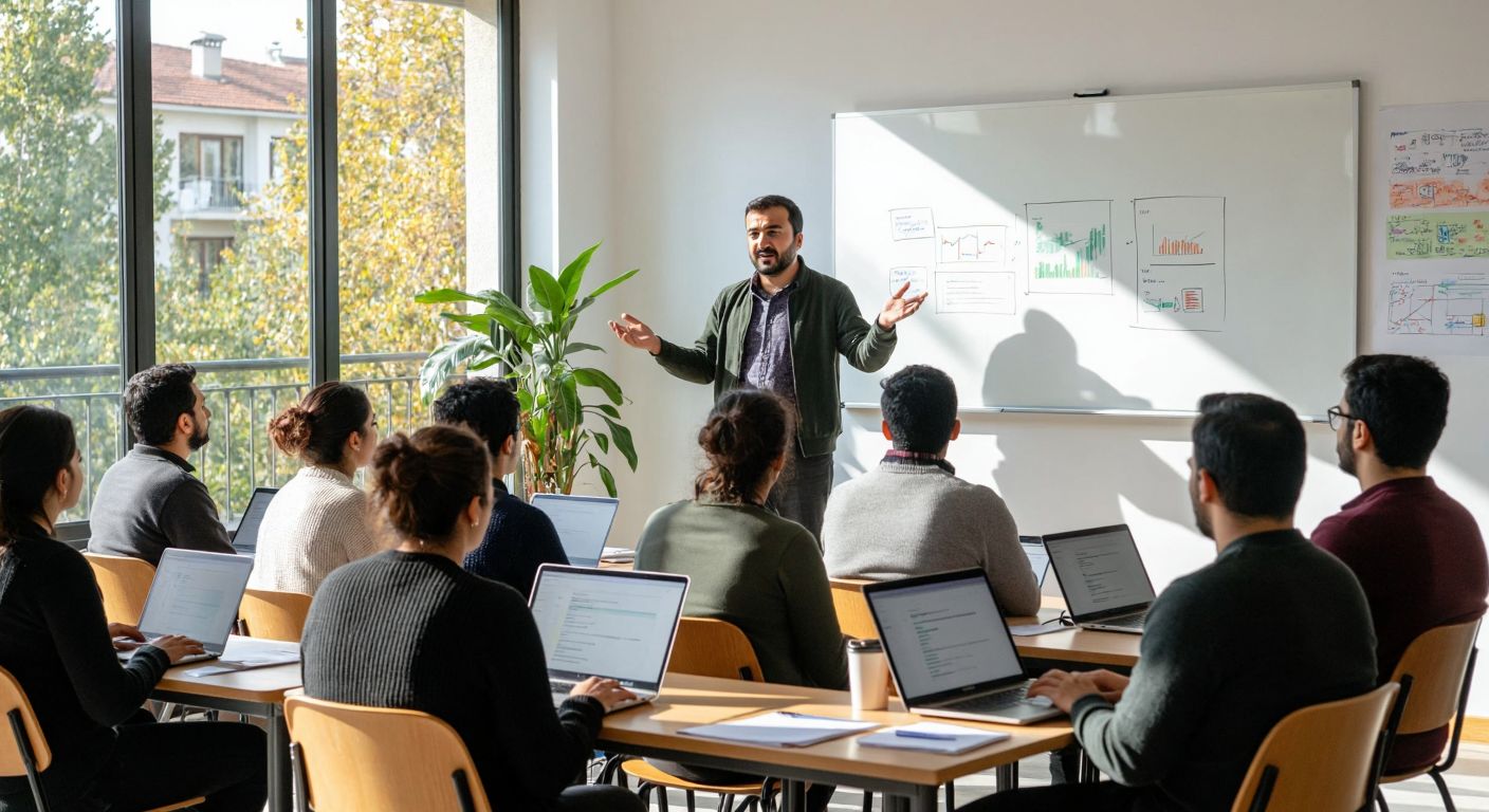 A diverse group of Turkish adults of varying ages sits attentively in a sunlit classroom with laptops open, while a teacher gestures toward a whiteboard displaying abstract concepts like data science, family communication, and environmental awareness.