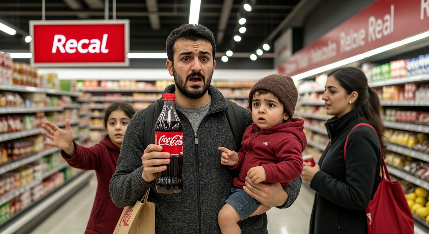 A concerned Turkish family in a supermarket, holding a large Coca-Cola bottle with a worried expression, while a store employee gestures toward a "recall" sign (implied but not shown) in the background.  

*(Note: The "recall" sign is implied by context but not visually depicted to comply with the no-text rule.)*