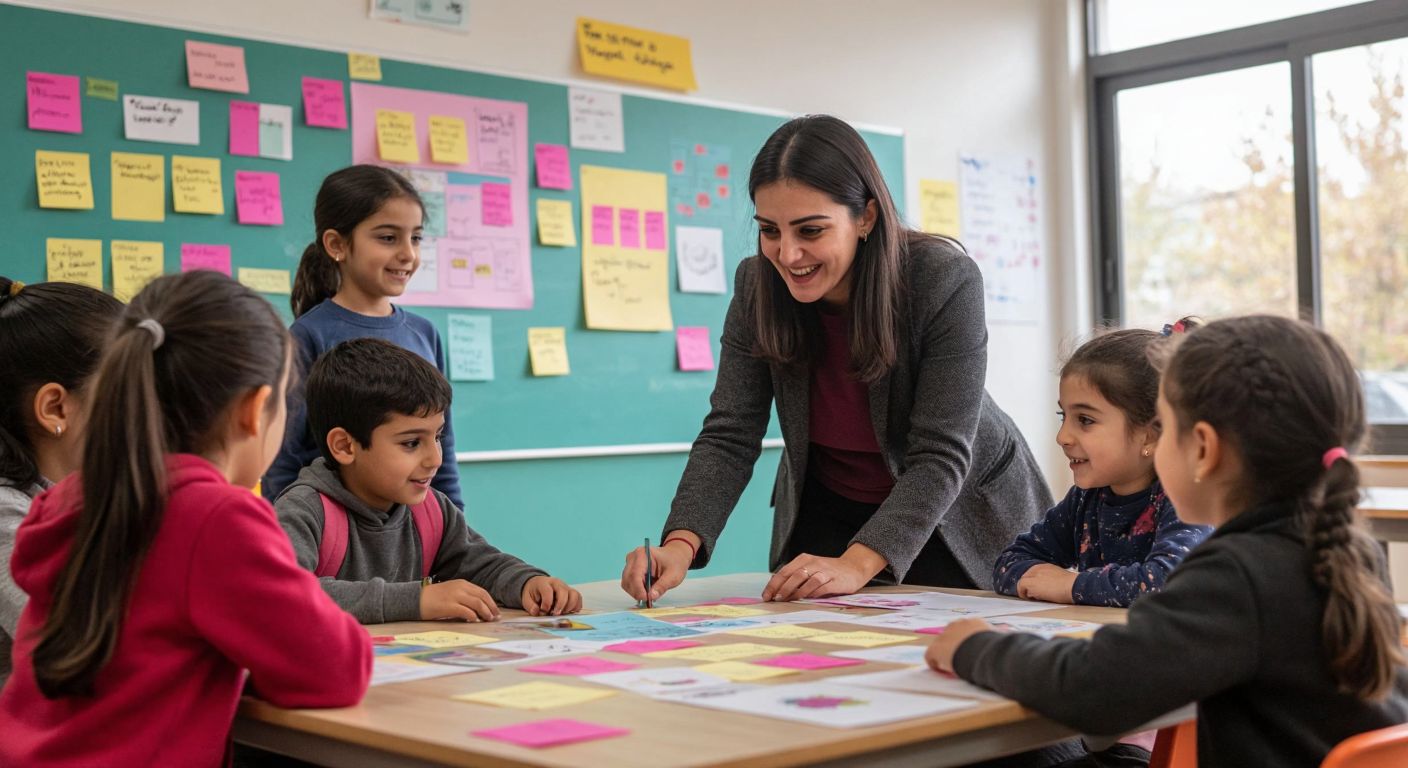 A group of curious Turkish elementary students in a bright classroom, gathered around a colorful "Wonder Wall" covered with sticky notes and drawings, while a teacher smiles and points to their creative ideas.