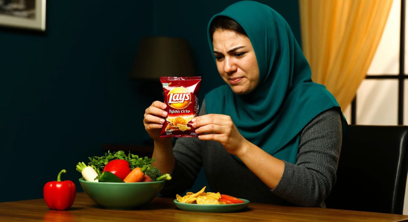 A Turkish woman hesitantly holds a small bag of spicy Lay's chips while a bowl of fresh vegetables sits nearby, reflecting the tension between indulgence and healthy eating.