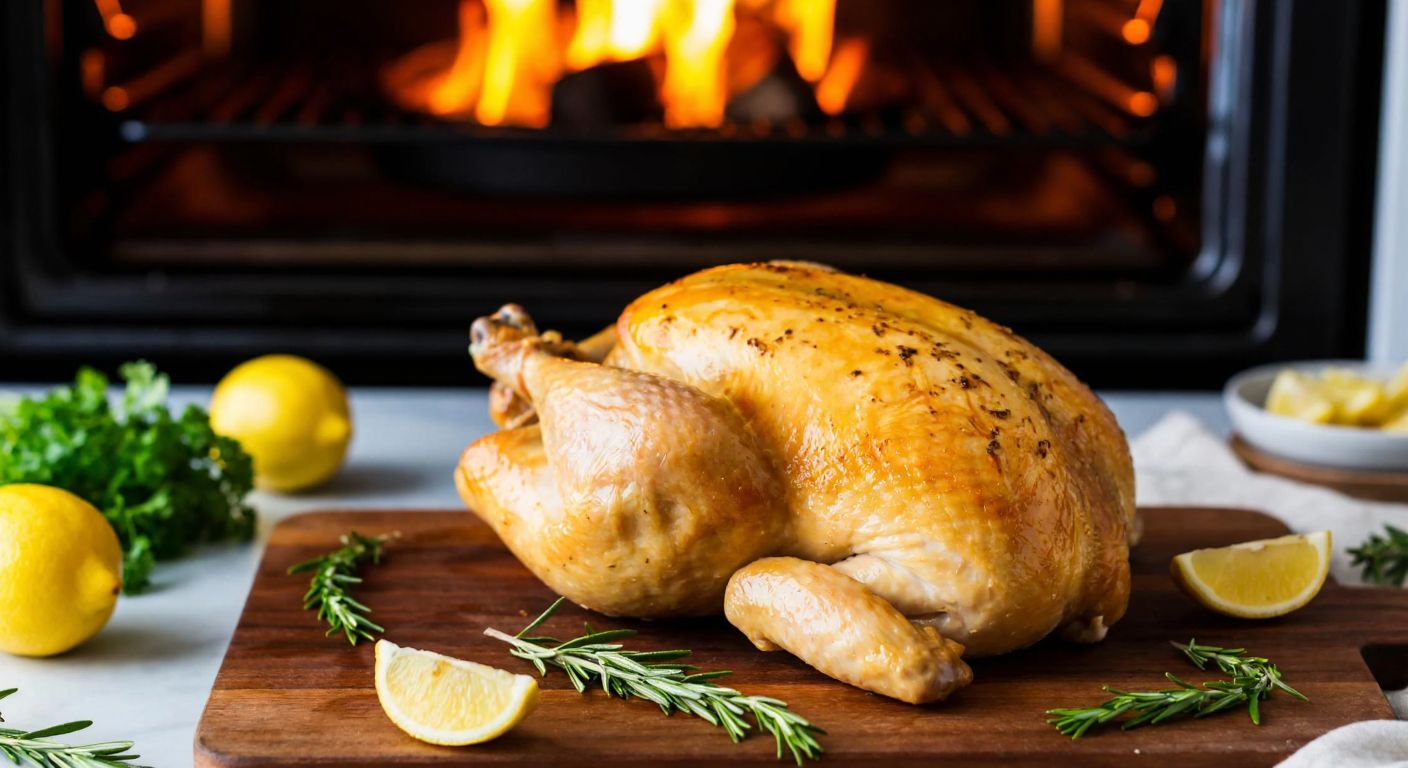 A golden-brown whole roasted chicken resting on a rustic wooden cutting board, surrounded by fresh herbs and lemon wedges, with a warm oven glowing in the background.