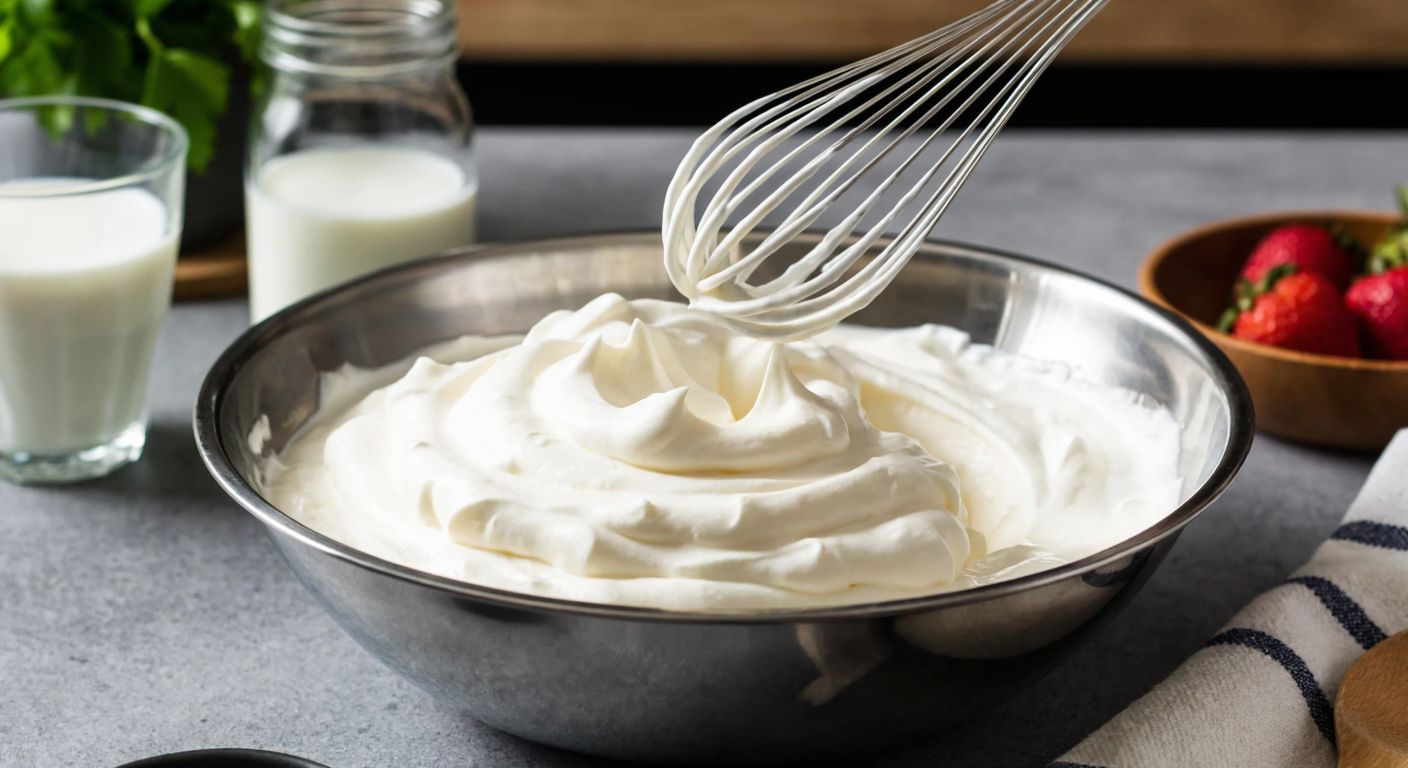 A stainless steel bowl filled with fluffy whipped cream being whisked vigorously, with a backdrop of a Turkish kitchen counter holding fresh ingredients like cocoa powder and a glass of chilled milk.