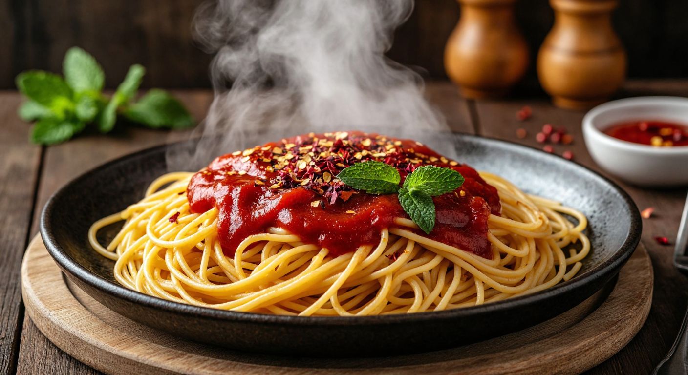A steaming plate of golden spaghetti topped with vibrant red ketchup, garnished with a sprinkle of dried mint and red pepper flakes, set on a rustic wooden table in a cozy Turkish kitchen.