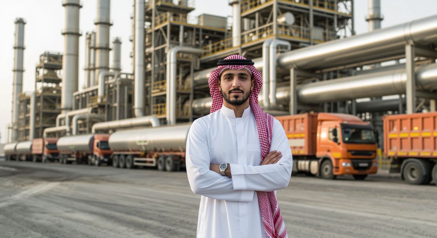 A Middle Eastern businessman in a crisp white thobe and red-checkered shemagh stands confidently in front of a modern industrial complex with trucks transporting pipes and machinery.