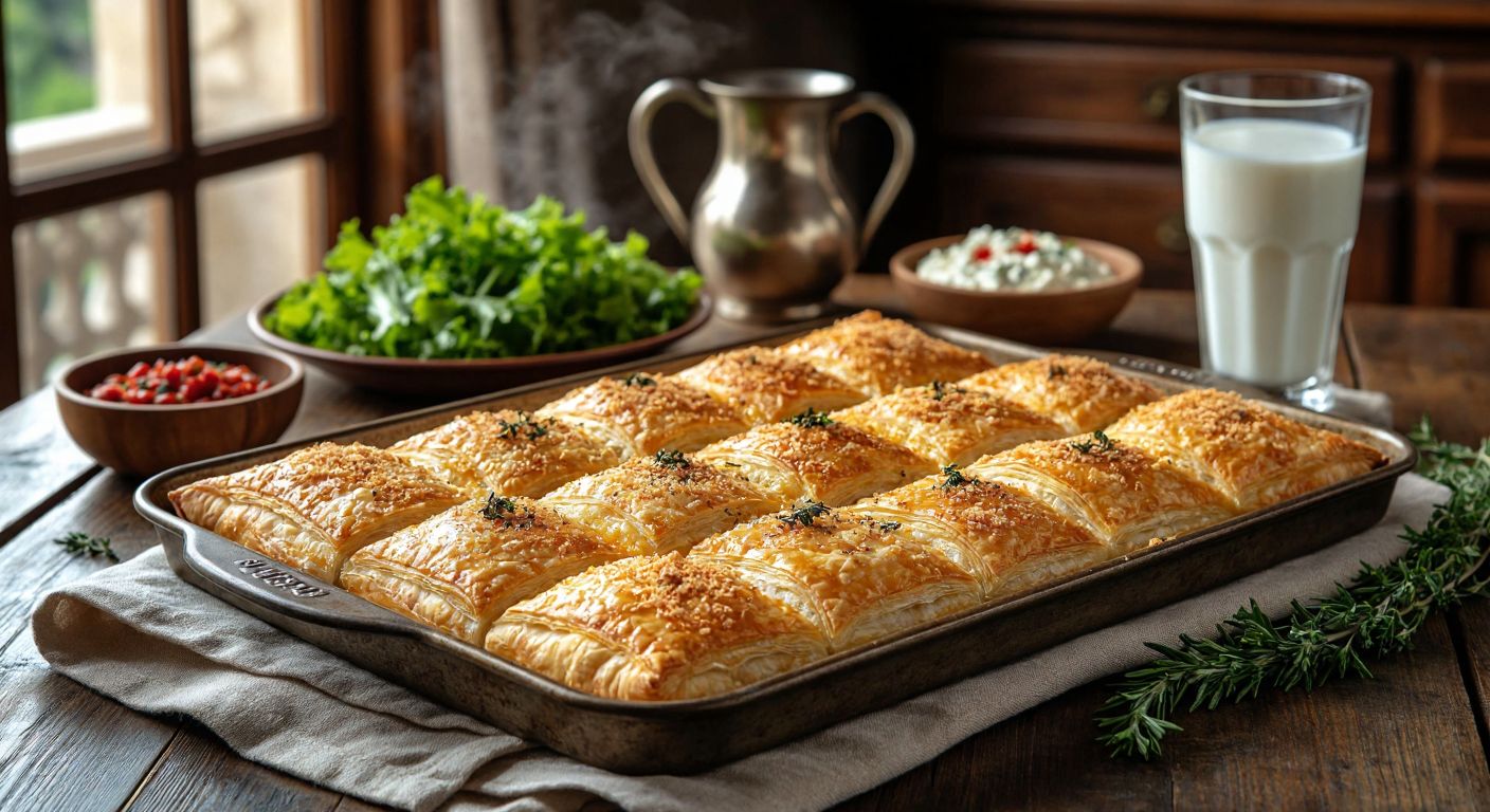 A golden-brown tray of freshly baked Pınar three-cheese börek, steaming on a traditional Turkish kitchen table, with a side of crisp greens and a glass of ayran, evoking warmth and wholesome comfort.