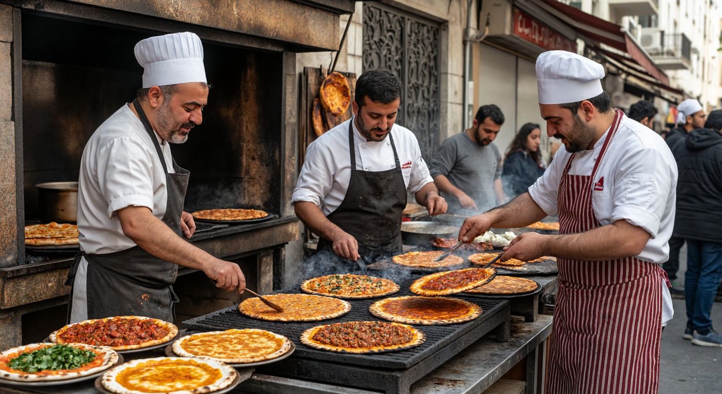 A bustling Turkish street food scene with two proud chefs—one in a Gaziantep-style apron and another in Kilis-inspired attire—grilling golden lahmacun on a stone oven, surrounded by eager customers savoring the crispy, aromatic flatbreads.