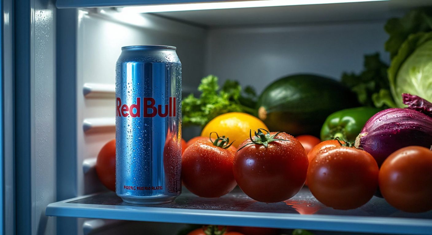 A chilled, unopened Red Bull can sits on a refrigerator shelf next to a half-empty, opened can with condensation dripping down its side, surrounded by fresh produce in a Turkish kitchen.