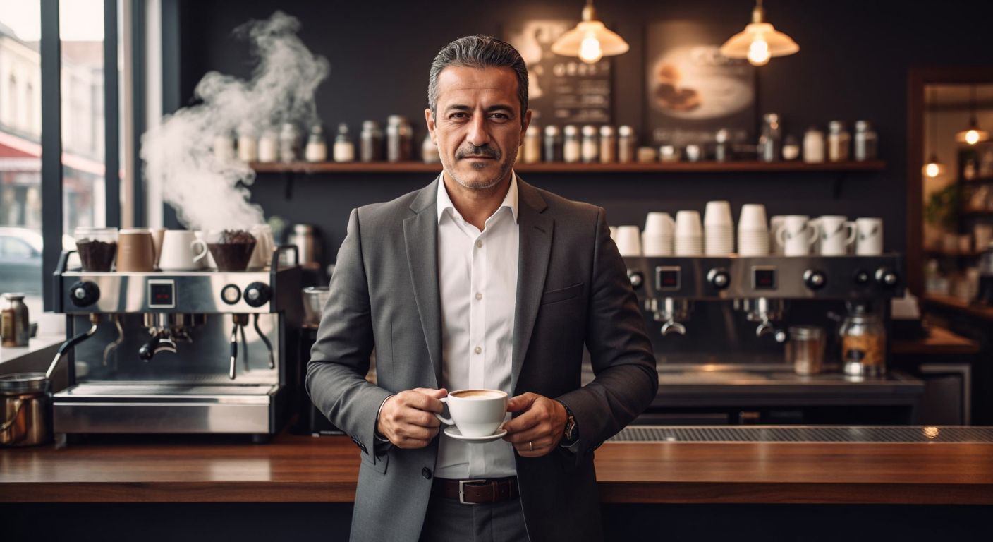 A confident middle-aged Turkish man in a crisp suit stands proudly in front of a modern café with espresso machines, holding a cup of coffee with steam rising.