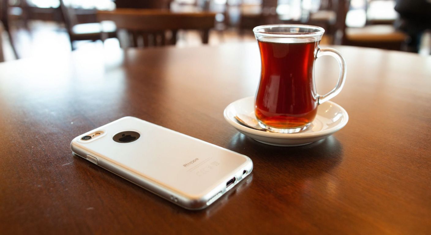 A sleek, translucent silicone phone case resting on a wooden table in a cozy Turkish café, with a steaming cup of Turkish tea beside it, conveying protection and reliability.