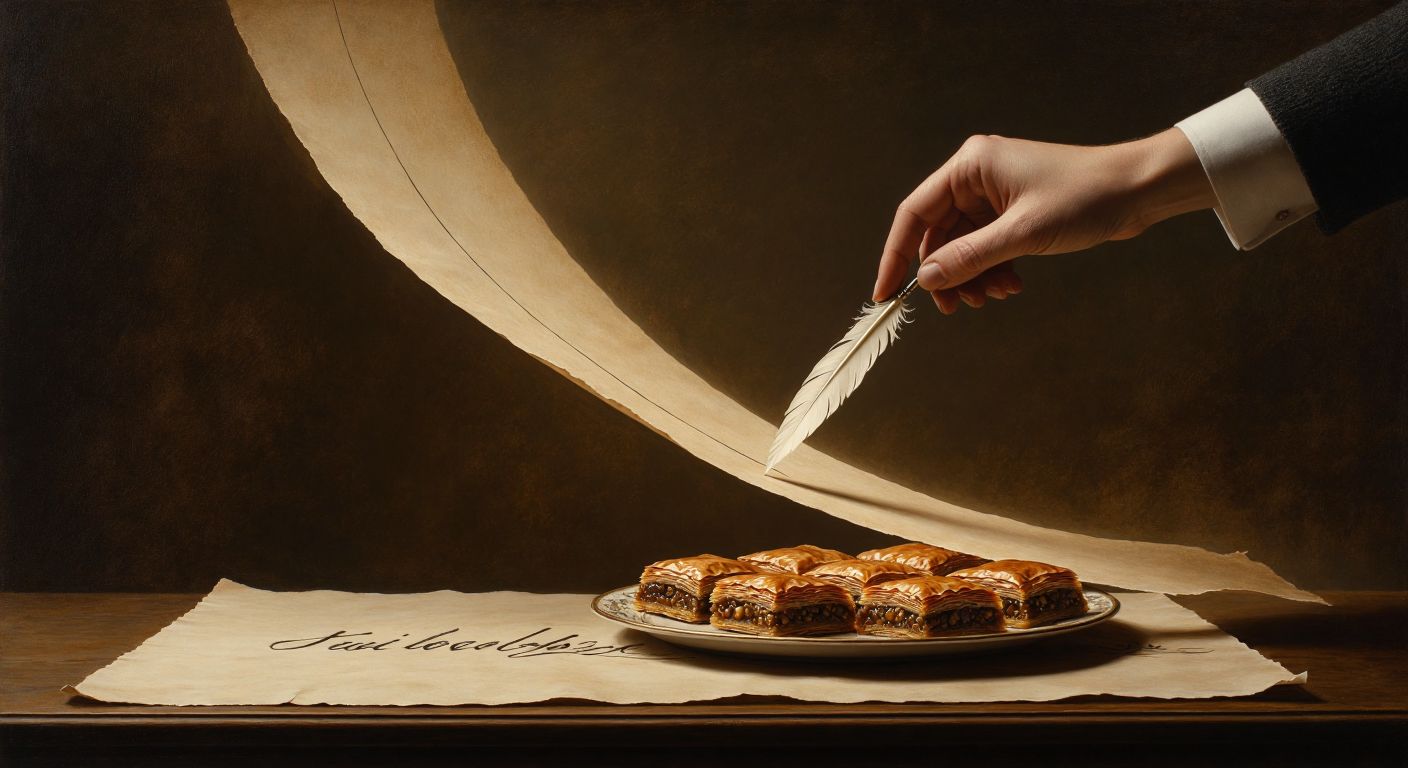 A downward-sloping curve drawn on parchment with a quill, fading from dark to light as it descends, while a hand places diminishing slices of baklava on a plate to illustrate decreasing satisfaction.