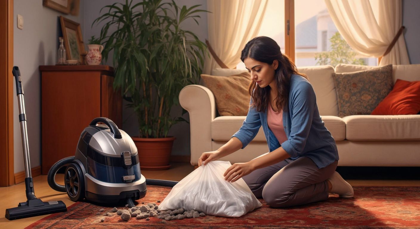 A Turkish woman in a cozy home setting kneels beside a vacuum cleaner, carefully inspecting its dust bag and filters with a focused expression.