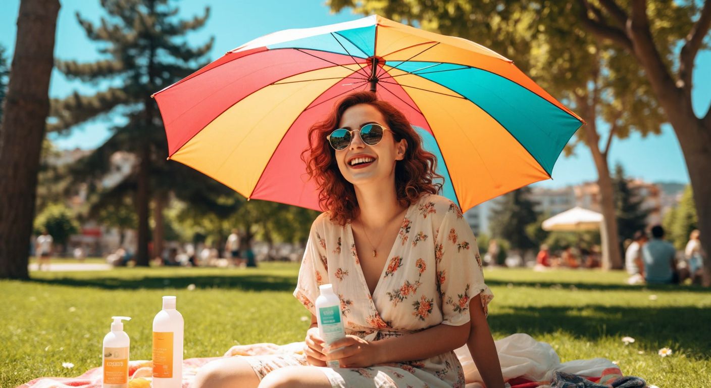 A colorful umbrella casting shade over a smiling person in a sunny Turkish park, wearing light clothing and sunglasses, with a bottle of sunscreen nearby.