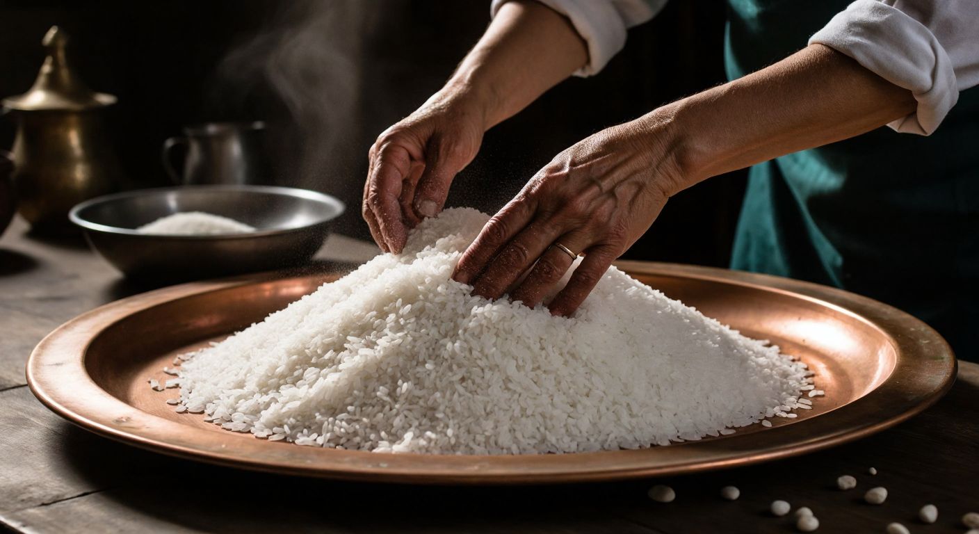 A pair of weathered hands carefully sifting through a mound of white rice spread on a wide copper tray, picking out small stones under the warm glow of a Turkish kitchen.