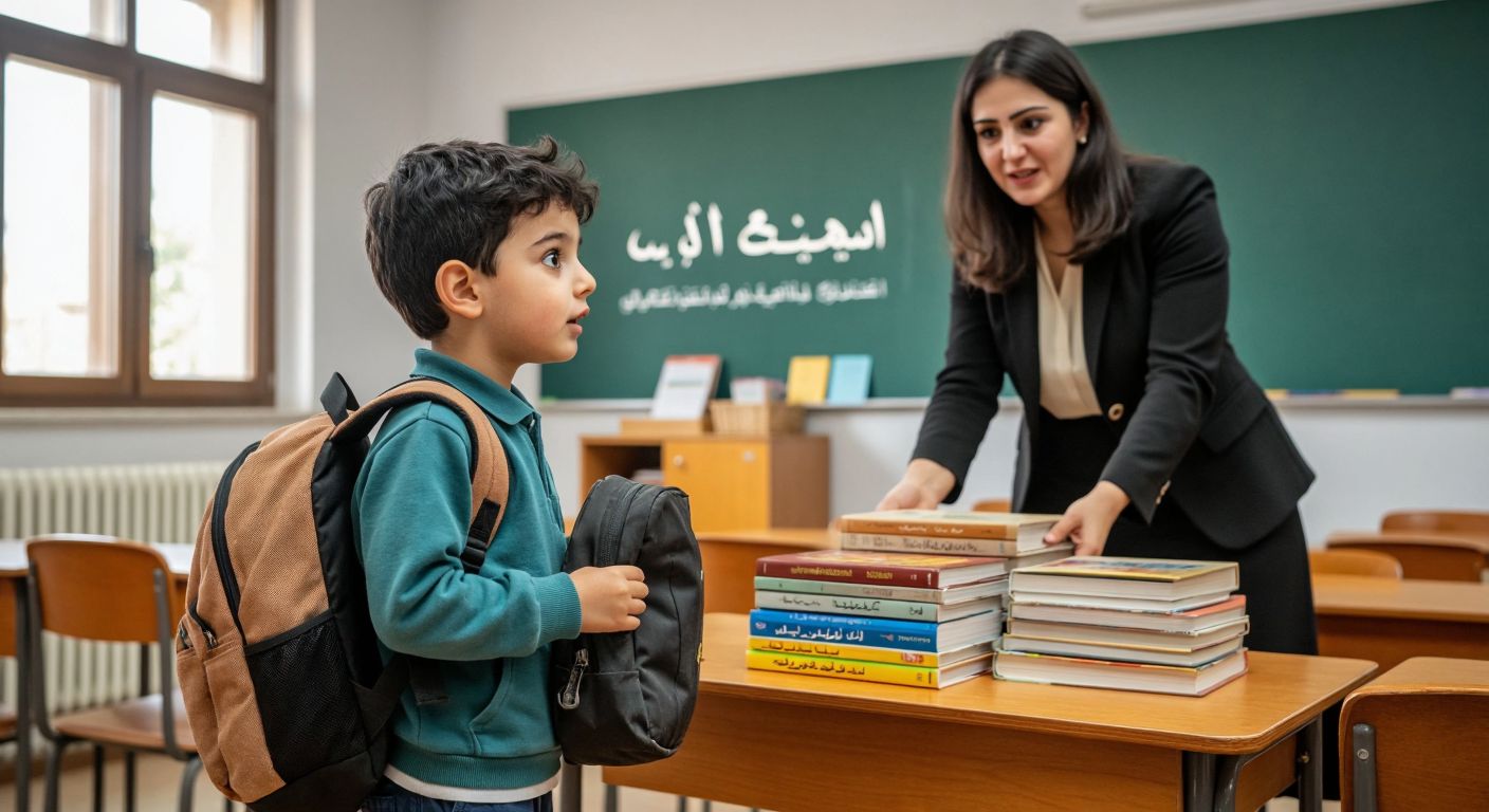 A young student in a Turkish classroom eagerly holds an empty backpack, looking curiously toward a teacher standing near a stack of Arabic textbooks on a wooden desk.
