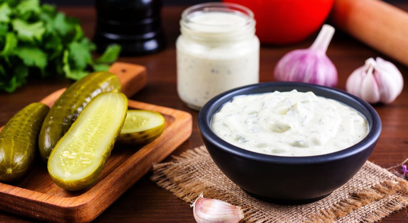 A vibrant Turkish kitchen counter with a bowl of creamy tartar sauce, freshly chopped pickles, and a jar of mayonnaise, surrounded by aromatic spices like curry and garlic, evoking a warm, culinary atmosphere.