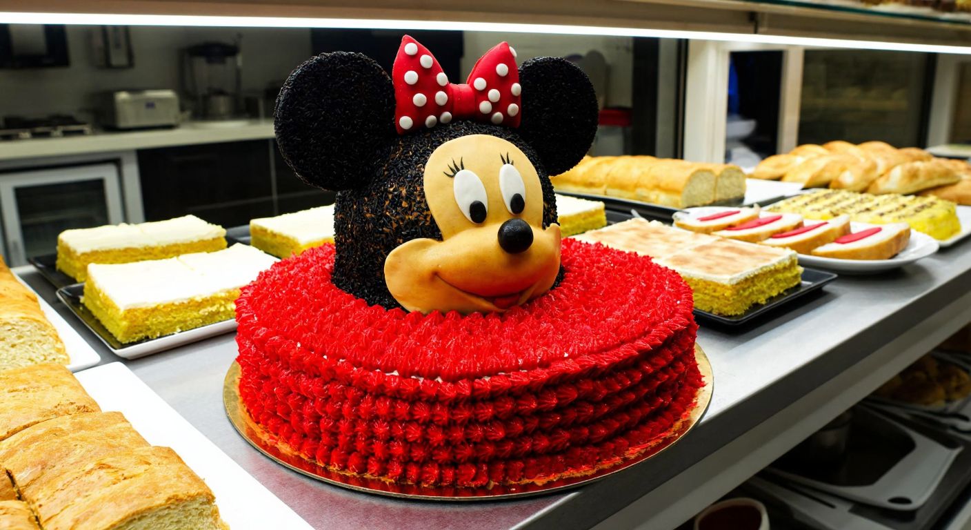 A large, colorful Mickey Mouse-shaped cake sits on a festive table in a Turkish bakery, surrounded by slices ready to serve a joyful crowd.