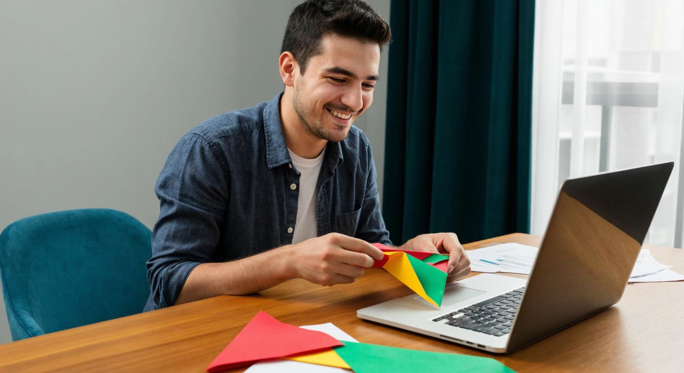 A smiling Turkish man in a casual shirt folds a colorful paper airplane at a wooden table, surrounded by scattered sheets of paper and a laptop playing a tutorial video.