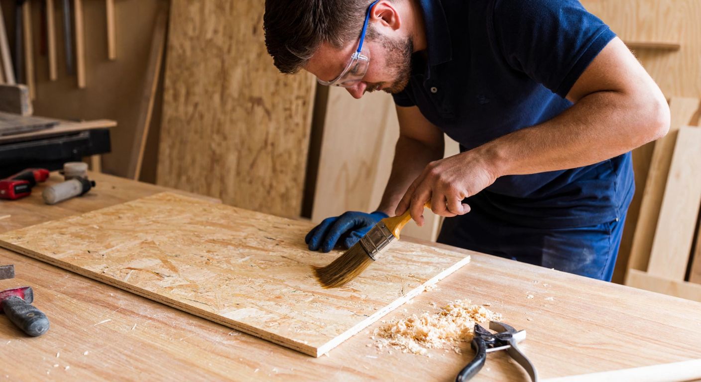 A craftsman in a workshop carefully applying varnish to an OSB board with a brush, wearing safety goggles and a dust mask, while wood shavings and tools are scattered on a wooden workbench nearby.