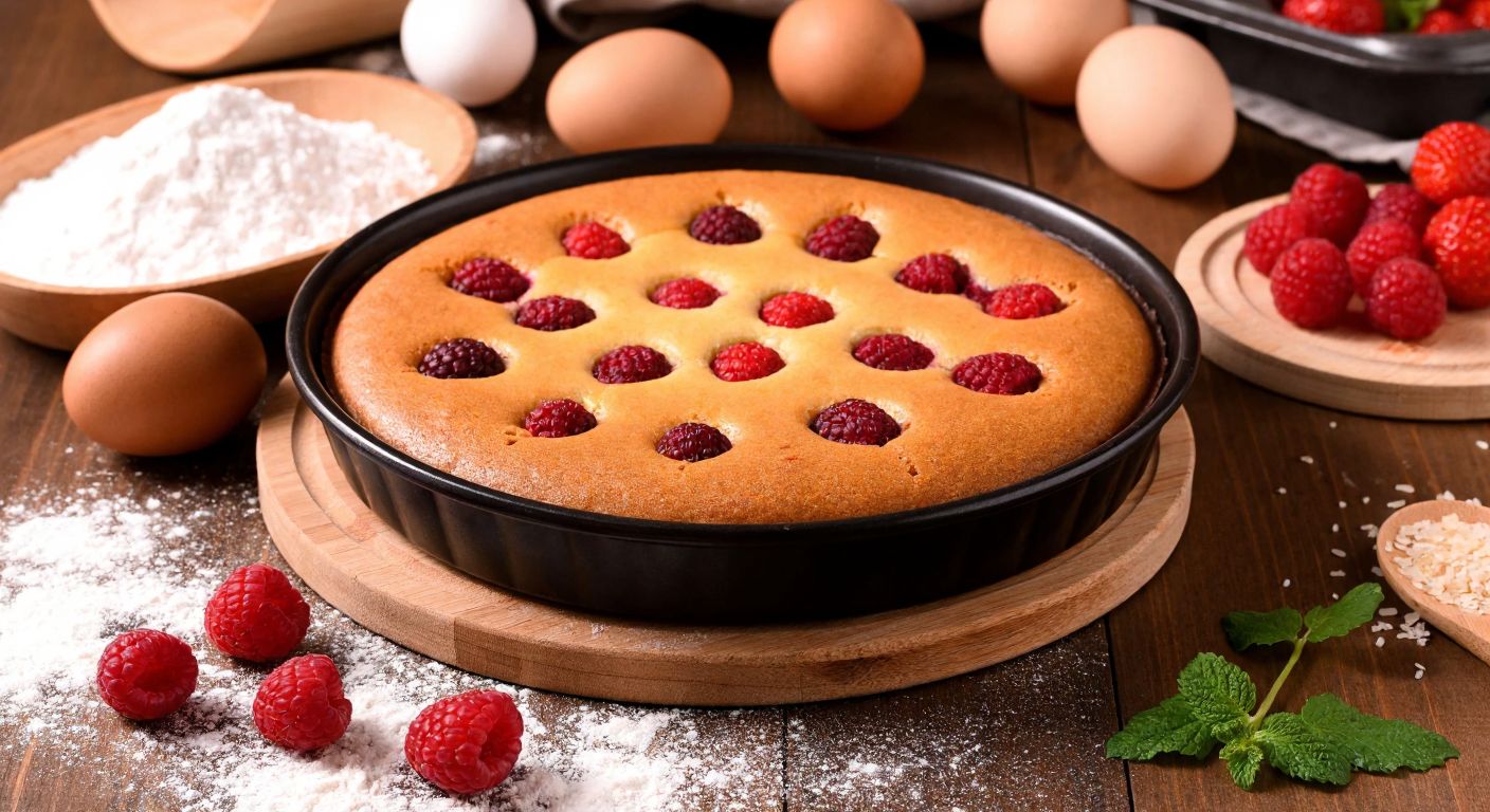 A warm Turkish kitchen with a golden-brown raspberry-topped brownie fresh from the oven, surrounded by scattered ingredients like eggs, flour, and fresh raspberries on a wooden counter.