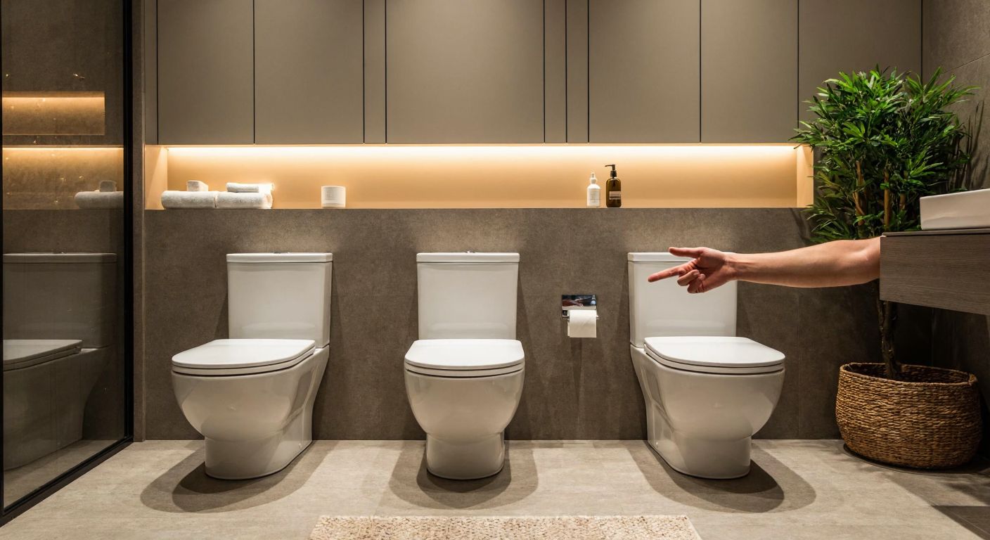 A modern, well-lit Turkish bathroom with three sleek white toilets (Vitra, Duravit, and Geberit brands) neatly arranged side by side, their clean ceramic surfaces gleaming under warm lighting, while a hand points thoughtfully toward the middle one.