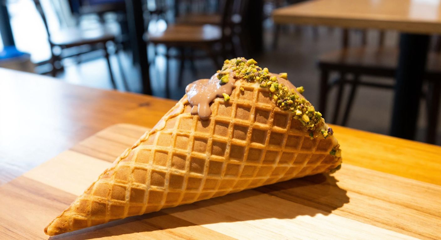 A golden-brown waffle cone filled with creamy milk chocolate, topped with crushed pistachios, resting on a wooden table with a warm, inviting café ambiance in the background.