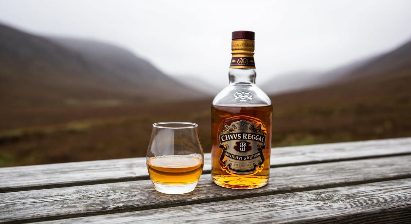 A golden-hued glass of Chivas Regal whisky rests on a weathered wooden table with a misty Scottish highland landscape in the background.