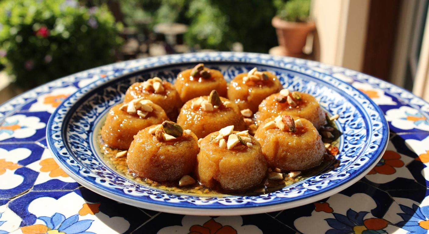 A golden-brown plate of Bademli İncir Tatlısı, garnished with crushed almonds and drizzled with syrup, resting on a traditional Turkish ceramic tile table in a sunlit Fethiye courtyard.
